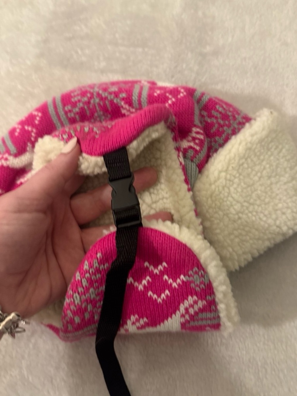 Pink Sherpa-Lined Winter Hat with Chin Strap